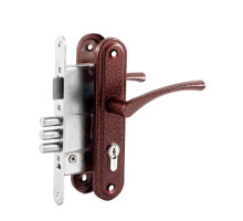 Замок Omega (Омега) врезной цилиндровый с защёлкой в комплекте с ручкой ЗВ4.2-01 (медь), 3 кл. 