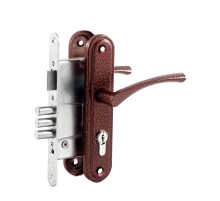 Замок Omega (Омега) врезной цилиндровый с защёлкой в комплекте с ручкой ЗВ4.2-01 (медь), 3 кл. 