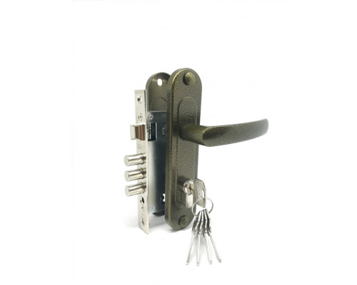 Замок Zenit (Зенит) врезной цилиндровый с защёлкой в комплекте с ручкой ЗВ7-60.1-02 (бронза), 5 кл.
