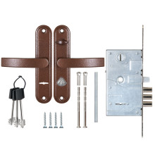 Замок Sam (Сам) врезной сувальдный с защёлкой в компл с ручкой ЗВ9-8.3/13(КЛП5-85) лев (медн ант), 3 кл/88011/ 