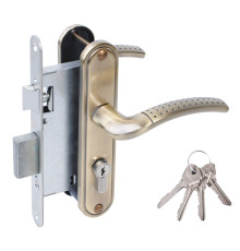 Замок Omega (Омега) врезной цилиндровый с защёлкой в комплекте с ручкой ЗВ4-55.27 (ант.бронза), 4 кл. 