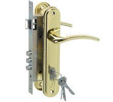 Замок Omega (Омега) врезной цилиндровый с защёлкой в комплекте с ручкой ЗВ4-85.27 (золото-лак), 4 кл. 