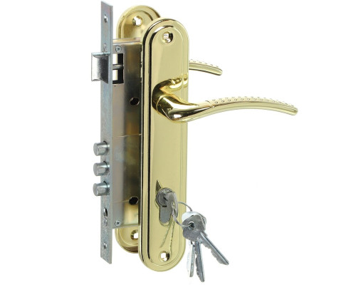 Замок Omega (Омега) врезной цилиндровый с защёлкой в комплекте с ручкой ЗВ4-85.27 (золото-лак), 4 кл.