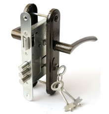 Замок Zenit (Зенит) врезной сувальдный с защёлкой в комплекте с ручкой ЗВ9-4-2 (медь), 3кл. 