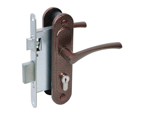 Замок Absolyute (Абсолют) врезной цилиндровый с защёлкой в комплекте с ручкой ЗВ4-3/07 (медь антик), 4 кл.