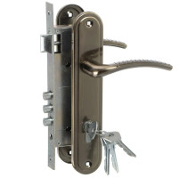 Замок Omega (Омега) врезной цилиндровый с защёлкой в комплекте с ручкой ЗВ4-85.27 (ант.бронза), 4 кл. 