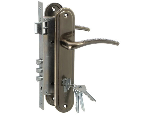 Замок Omega (Омега) врезной цилиндровый с защёлкой в комплекте с ручкой ЗВ4-85.27 (ант.бронза), 4 кл.