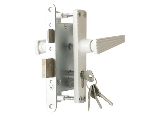 Замок Zenit (Зенит) врезной цилиндровый с защёлкой в комплекте с ручкой ЗВ4-3.01 (белый), 4 кл.