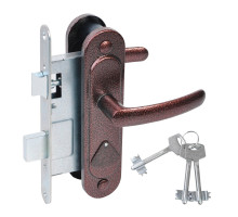 Замок Absolyute (Абсолют) врезной сувальдный с защёлкой в комплекте с ручкой ЗВ9.2-08 (медь антик), 3 кл. 