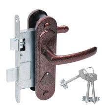 Замок Absolyute (Абсолют) врезной сувальдный с защёлкой в комплекте с ручкой ЗВ9.2-08 (медь антик), 3 кл. 