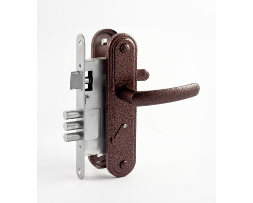 Замок Omega (Омега) врезной сувальдный с защёлкой в комплекте с ручкой ЗВ9.1-02 (медь), 3 кл.