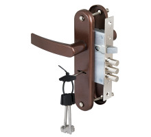 Замок Sam (Сам) врезной сувальдный с защёлкой в комплекте с ручкой ЗВ9-8/13 (медный антик), 3 кл. /84301/ 