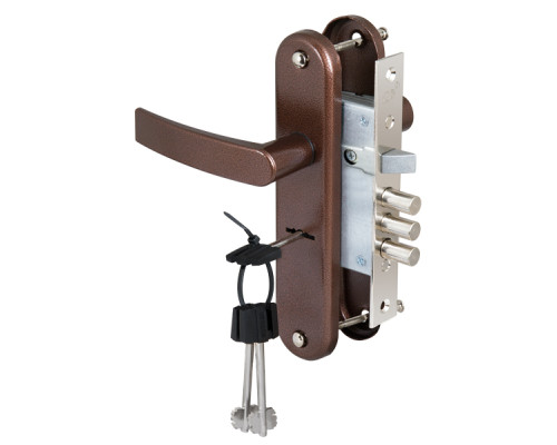 Замок Sam (Сам) врезной сувальдный с защёлкой в комплекте с ручкой ЗВ9-8/13 (медный антик), 3 кл. /84301/