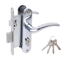 Замок Omega (Омега) врезной цилиндровый с защёлкой в комплекте с ручкой ЗВ4-55.27 (хром), 4 кл. 