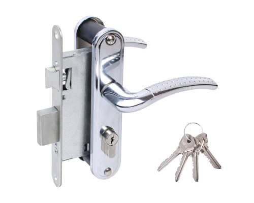 Замок Omega (Омега) врезной цилиндровый с защёлкой в комплекте с ручкой ЗВ4-55.27 (хром), 4 кл.