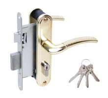 Замок Omega (Омега) врезной цилиндровый с защёлкой в комплекте с ручкой ЗВ4-55.27 (золото-лак), 4 кл. 