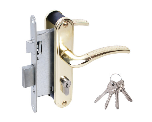 Замок Omega (Омега) врезной цилиндровый с защёлкой в комплекте с ручкой ЗВ4-55.27 (золото-лак), 4 кл.