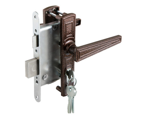 Замок Zenit (Зенит) врезной цилиндровый с защёлкой в комплекте с ручкой ЗВ4-3.01 (медь), 4 кл.