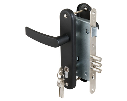 Замок Sam (Сам) врезной цилиндровый с защёлкой в комплекте с ручкой ЗВ4-3 (черный муар), 5 кл. /78401/