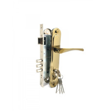 Замок Zenit (Зенит) врезной цилиндровый с защёлкой в комплекте с ручкой ЗВ4-85.3 (золото лак), 5 кл. 