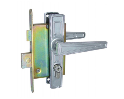 Замок Zenit (Зенит) врезной цилиндровый с защёлкой в комплекте с ручкой ЗВ4-3.01 (серебро), 4 кл.