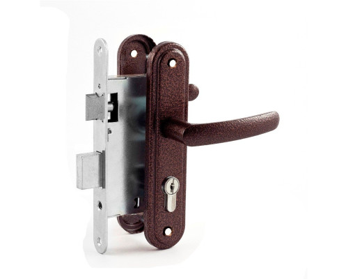 Замок Zenit (Зенит) врезной цилиндровый с защёлкой в комплекте с ручкой ЗВ4-3.08 (медь), 4 кл.