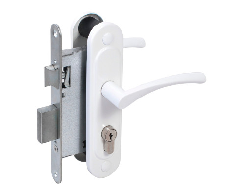 Замок Absolyute (Абсолют) врезной цилиндровый с защёлкой в комплекте с ручкой ЗВ4-3/07 (белый глянец), 4 кл.