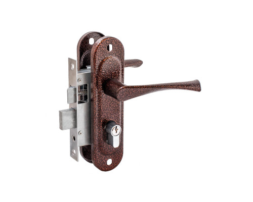 Замок Zenit (Зенит) врезной цилиндровый с защёлкой в комплекте с ручкой ЗВ4-50.01 (медь), 5 кл.