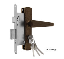 Замок Omega (Омега) врезной цилиндровый с защёлкой в комплекте с ручкой ЗВ7.01 (медь), 4 кл. 