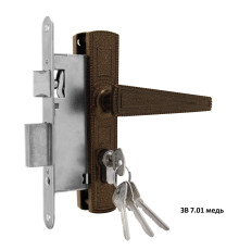 Замок Omega (Омега) врезной цилиндровый с защёлкой в комплекте с ручкой ЗВ7.01 (медь), 4 кл. 