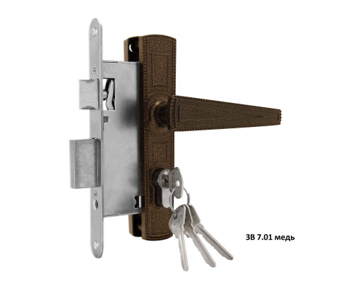 Замок Omega (Омега) врезной цилиндровый с защёлкой в комплекте с ручкой ЗВ7.01 (медь), 4 кл.