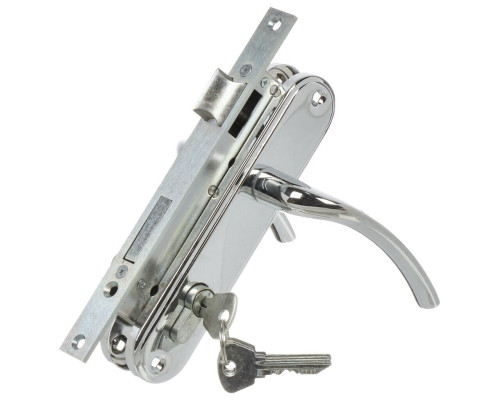 Замок Omega (Омега) врезной цилиндровый с защёлкой в комплекте с ручкой ЗВ4-70.27 (хром), 4 кл.