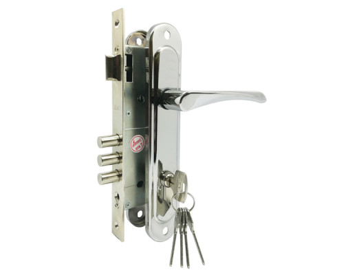 Замок Zenit (Зенит) врезной цилиндровый с защёлкой в комплекте с ручкой ЗВ4-85.3 (хром), 5 кл.