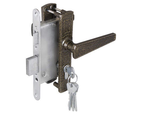 Замок Zenit (Зенит) врезной цилиндровый с защёлкой в комплекте с ручкой ЗВ4-3.01 (бронза), 4 кл.