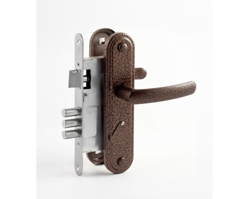 Замок Omega (Омега) врезной сувальдный с защёлкой в комплекте с ручкой ЗВ9.1-02 (бронза), 3 кл.