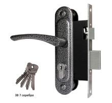 Замок Omega (Омега) врезной цилиндровый с защёлкой в комплекте с ручкой ЗВ7 (серебро), 4 кл. 