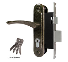 Замок Omega (Омега) врезной цилиндровый с защёлкой в комплекте с ручкой ЗВ7 (бронза), 4 кл. 