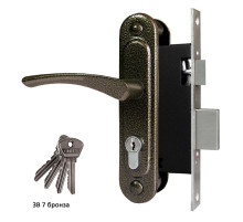 Замок Omega (Омега) врезной цилиндровый с защёлкой в комплекте с ручкой ЗВ7 (бронза), 4 кл. 