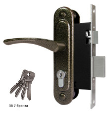 Замок Omega (Омега) врезной цилиндровый с защёлкой в комплекте с ручкой ЗВ7 (бронза), 4 кл. 
