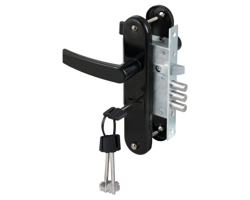 Замок Sam (Сам) врезной сувальдный с защёлкой в комплекте с ручкой ЗВ9-6/13 (черный глянец), 3 кл. /77305/