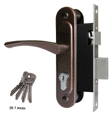 Замок Omega (Омега) врезной цилиндровый с защёлкой в комплекте с ручкой ЗВ7 (медь), 4 кл. 