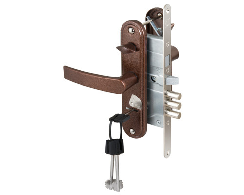 Замок Sam (Сам) врезной сувальдный с защёлкой в компл с ручкой ЗВ9-8.3/13(КЛП5-85)прав (медн ант), 3 кл/88010/