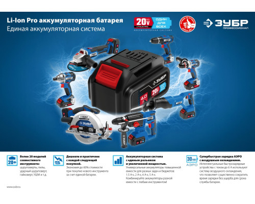 ЗУБР Т7, 20 В, 125 мм, 2 АКБ (4 А·ч), бесщеточная УШМ, сумка, Профессионал (AB-125-42)