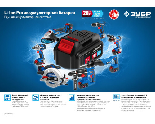 ЗУБР Т7, 20 В, 125 мм, 2 АКБ (4 А·ч), бесщеточная УШМ, сумка, Профессионал (AB-125-42)
