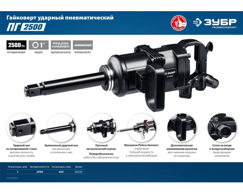 ЗУБР ПГ-2500, 1″, 2500 Н·м, ударный пневматический гайковерт, Профессионал (64220)