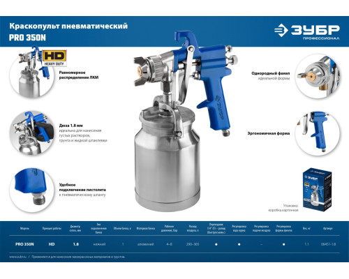 ЗУБР PRO 350N, 1.8 мм, пневматический краскопульт с нижним бачком, Профессионал (06451-1.8)
