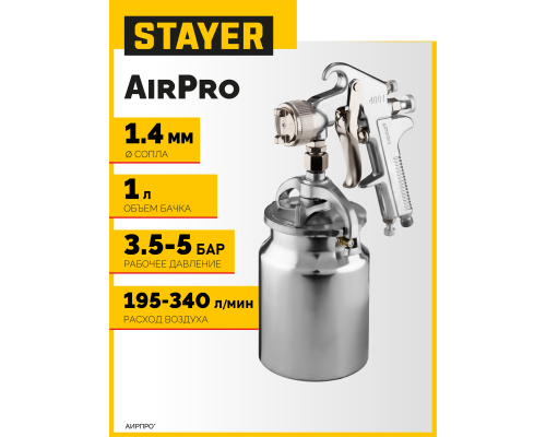STAYER AirPro S, EA 1.4 мм, пневматический краскопульт с нижним бачком, Professional (06477-1.4)