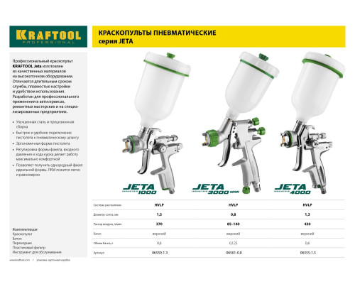 KRAFTOOL JETA 4000, HVLP, 1.3 мм, пневматический краскопульт с верхним бачком (06555-1.3)