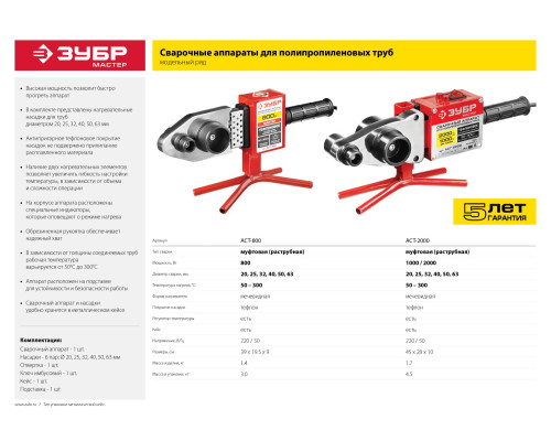 ЗУБР 800 Вт, паяльник для полипропиленовых труб, 6 насадок в комплекте (АСТ-800)