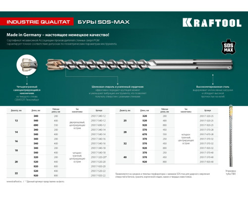 KRAFTOOL Industrie Qualit, 12 x 200/340 мм, SDS-max бур (29317-340-12)